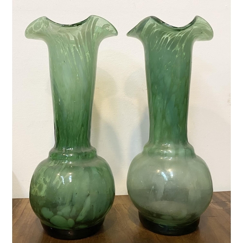 181 - A PAIR OF VINTAGE MONART STYLE GLASS VASES, c.1940, green glass with white mottles running through, ... 