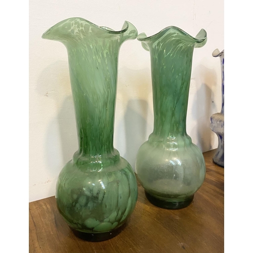 181 - A PAIR OF VINTAGE MONART STYLE GLASS VASES, c.1940, green glass with white mottles running through, ... 