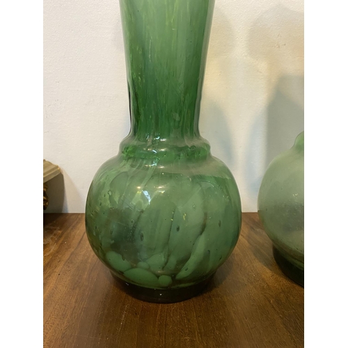 181 - A PAIR OF VINTAGE MONART STYLE GLASS VASES, c.1940, green glass with white mottles running through, ... 