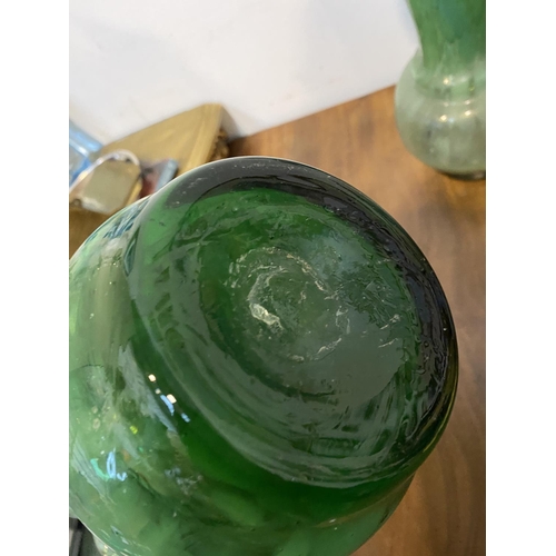 181 - A PAIR OF VINTAGE MONART STYLE GLASS VASES, c.1940, green glass with white mottles running through, ... 