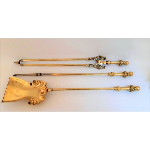 193 - A SET OF THREE VICTORIAN POLISHED BRASS FIRE IRONS, includes a shovel, poker & tongs, registered dat... 