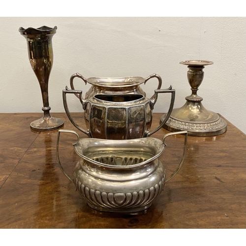 195 - A SILVER PLATED LOT TO INCLUDE THREE TWIN HANDLED SUGAR DISHES, varying decoration, one with ball fe... 