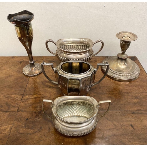 195 - A SILVER PLATED LOT TO INCLUDE THREE TWIN HANDLED SUGAR DISHES, varying decoration, one with ball fe... 