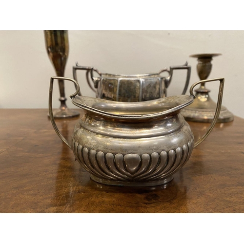 195 - A SILVER PLATED LOT TO INCLUDE THREE TWIN HANDLED SUGAR DISHES, varying decoration, one with ball fe... 