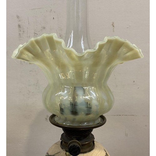 205 - A VICTORIAN ‘HINKS DUPLEX PATENT’ OIL LAMP, with double burner, painted glass depicting floral scene... 