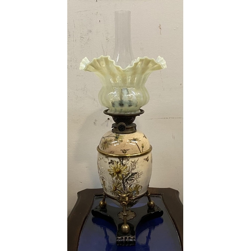 205 - A VICTORIAN ‘HINKS DUPLEX PATENT’ OIL LAMP, with double burner, painted glass depicting floral scene... 