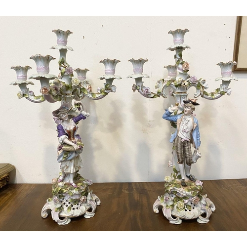 206 - A PAIR OF BEAUTIFUL PORCELAIN FIVE BRANCH CANDLEABRA, painted porcelain candelabra with floral scrol... 