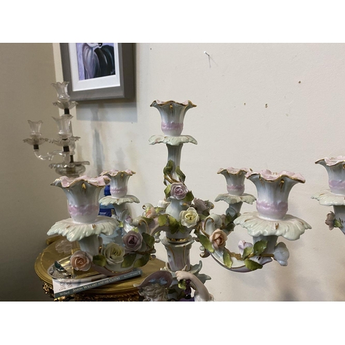 206 - A PAIR OF BEAUTIFUL PORCELAIN FIVE BRANCH CANDLEABRA, painted porcelain candelabra with floral scrol... 