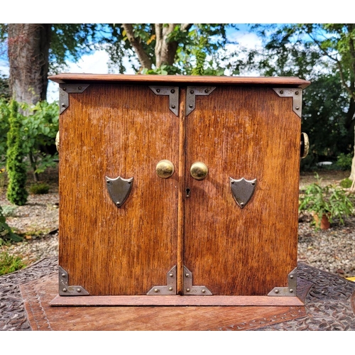 216 - A BRASS MOUNTED TWO DOOR TOBACOO / SMOKER’S CABINET, the top and front folds up and out to reveal co... 