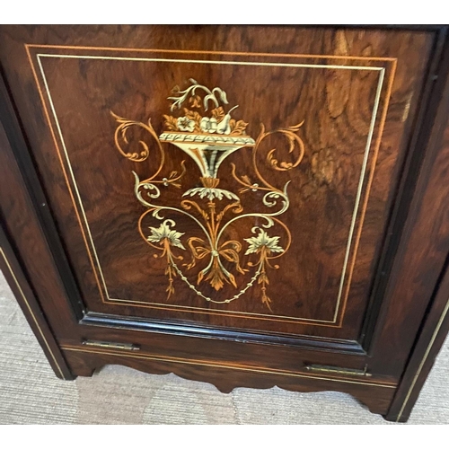 22 - A LATE 19TH CENTURY ROSEWOOD MARQUETRY INLAID FALL FRONT FIRE PURDONIUM, with a raised three quarter... 