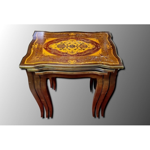 230 - A GOOD QUALITY MARQUETRY INLAID BRASS BOUND NEST OF TABLES, possibly Italian or French, each decorat... 