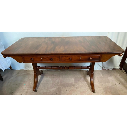 29 - A VERY GOOD QUALITY WILLIAM IV MAHOGANY LIBRARY / SOFA TABLE, with rounded corners to the surface, a... 