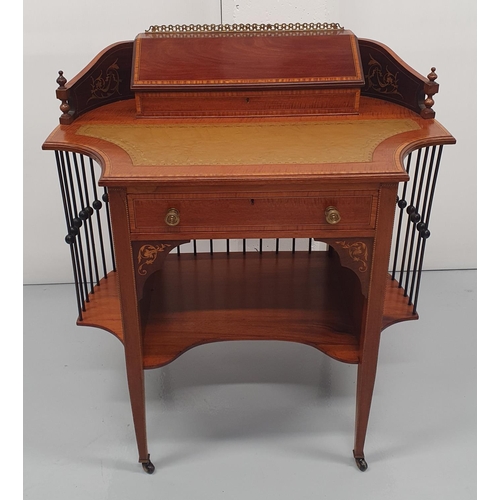 31 - A TOP QUALITY EDWARDIAN MAHOGANY INLAID LADIES LEATHER TOPPED WRITING DESK, to the top is a cross-ba... 