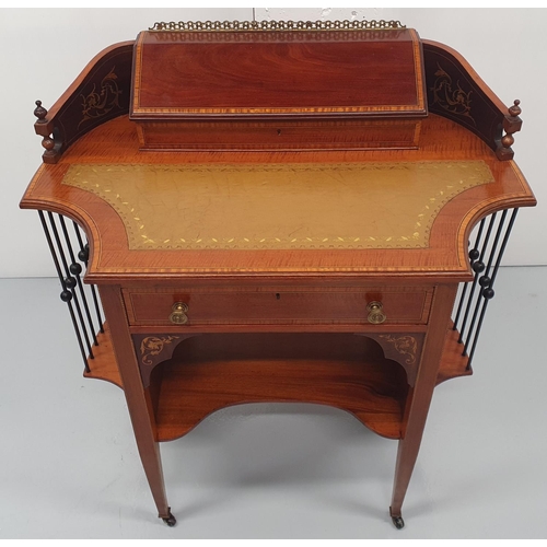 31 - A TOP QUALITY EDWARDIAN MAHOGANY INLAID LADIES LEATHER TOPPED WRITING DESK, to the top is a cross-ba... 