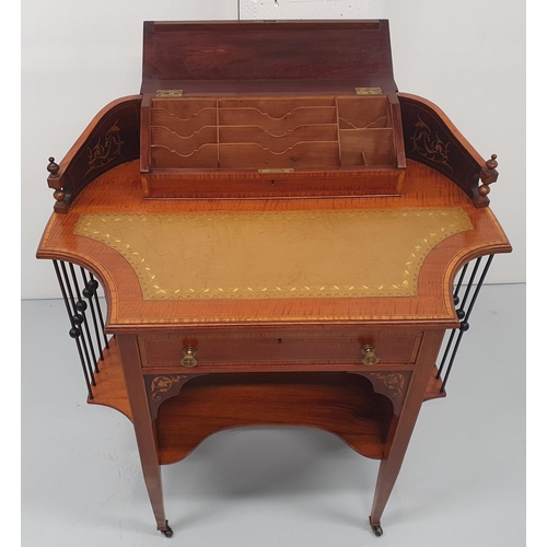 31 - A TOP QUALITY EDWARDIAN MAHOGANY INLAID LADIES LEATHER TOPPED WRITING DESK, to the top is a cross-ba... 