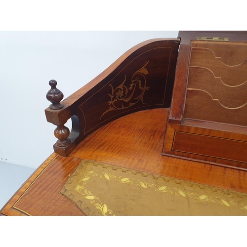 31 - A TOP QUALITY EDWARDIAN MAHOGANY INLAID LADIES LEATHER TOPPED WRITING DESK, to the top is a cross-ba... 