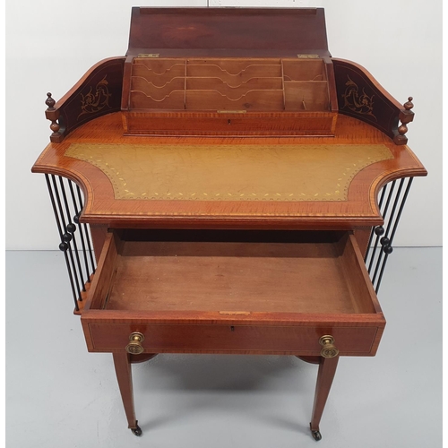 31 - A TOP QUALITY EDWARDIAN MAHOGANY INLAID LADIES LEATHER TOPPED WRITING DESK, to the top is a cross-ba... 