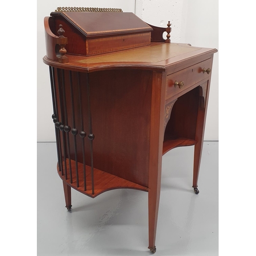 31 - A TOP QUALITY EDWARDIAN MAHOGANY INLAID LADIES LEATHER TOPPED WRITING DESK, to the top is a cross-ba... 