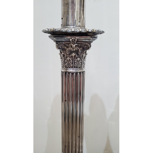 37 - A VERY FINE PAIR OF SILVER PLATED CORINTHIAN STYLE COLUMN TABLE LAMPS, each with adjustable height, ... 