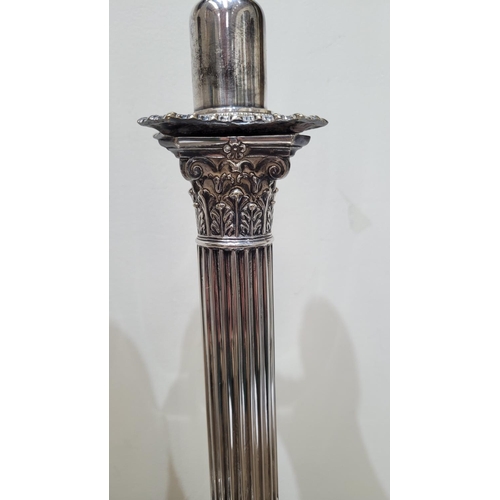 37 - A VERY FINE PAIR OF SILVER PLATED CORINTHIAN STYLE COLUMN TABLE LAMPS, each with adjustable height, ... 