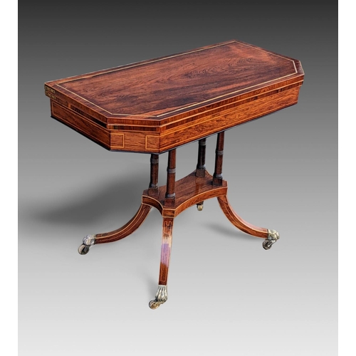 4 - AN EXCEPTIONAL REGENCY ROSE WOOD CARD TABLE – with brass stringing to the top & satinwood inlaid str... 