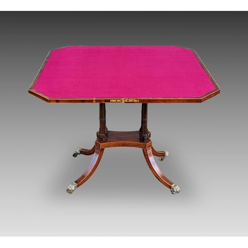 4 - AN EXCEPTIONAL REGENCY ROSE WOOD CARD TABLE – with brass stringing to the top & satinwood inlaid str... 