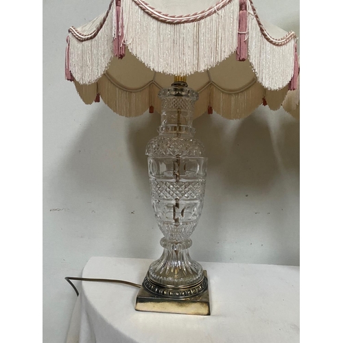 49 - A VERY GOOD PAIR OF CLEAR GLASS TABLE LAMPS, the vase type bodies are decorated with diamond and flu... 