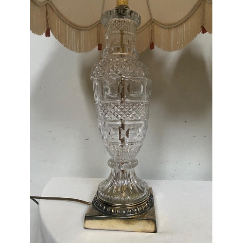 49 - A VERY GOOD PAIR OF CLEAR GLASS TABLE LAMPS, the vase type bodies are decorated with diamond and flu... 