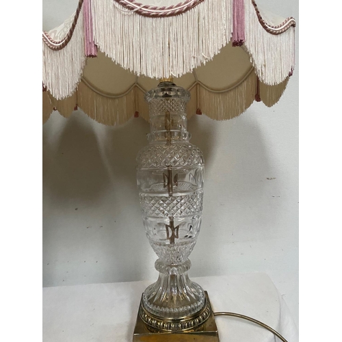 49 - A VERY GOOD PAIR OF CLEAR GLASS TABLE LAMPS, the vase type bodies are decorated with diamond and flu... 