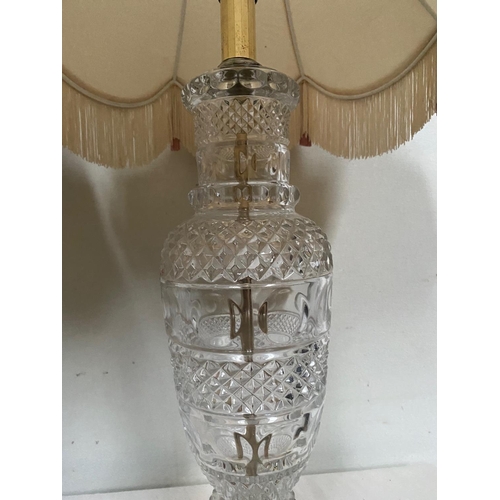 49 - A VERY GOOD PAIR OF CLEAR GLASS TABLE LAMPS, the vase type bodies are decorated with diamond and flu... 