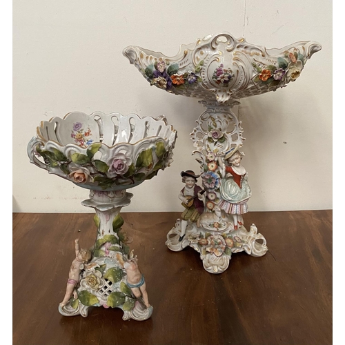 51 - A DRESDEN STYLE PORCELAIN COMPOTE, highly decorative with reticulated 'basket' bowl on stand all wit... 