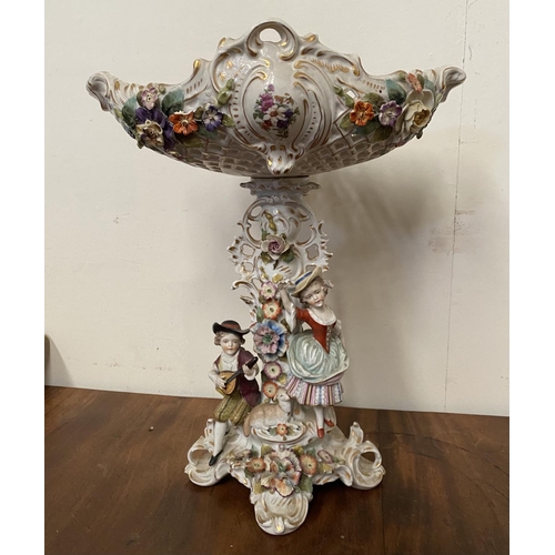 51 - A DRESDEN STYLE PORCELAIN COMPOTE, highly decorative with reticulated 'basket' bowl on stand all wit... 