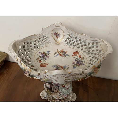 51 - A DRESDEN STYLE PORCELAIN COMPOTE, highly decorative with reticulated 'basket' bowl on stand all wit... 