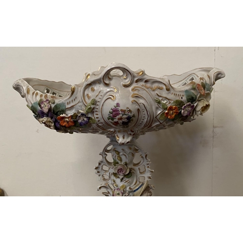 51 - A DRESDEN STYLE PORCELAIN COMPOTE, highly decorative with reticulated 'basket' bowl on stand all wit... 