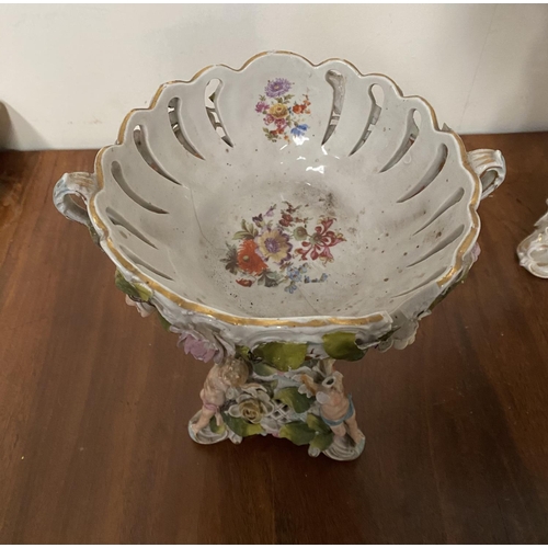 51 - A DRESDEN STYLE PORCELAIN COMPOTE, highly decorative with reticulated 'basket' bowl on stand all wit... 