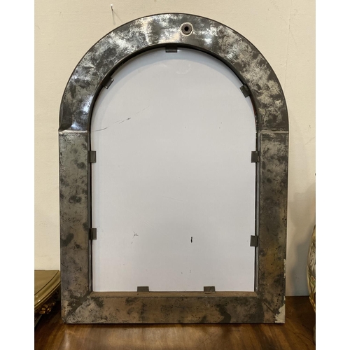 53 - A LOVELY ART NOUVEAU ARCHED WALL MIRROR, with decorative brass frame depicting peacock on branch wit... 