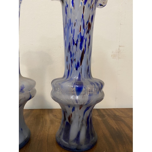 54 - A PAIR OF VINTAGE MONART STYLE GLASS VASES, c.1940, glass with deep blue mottles running through, wi... 