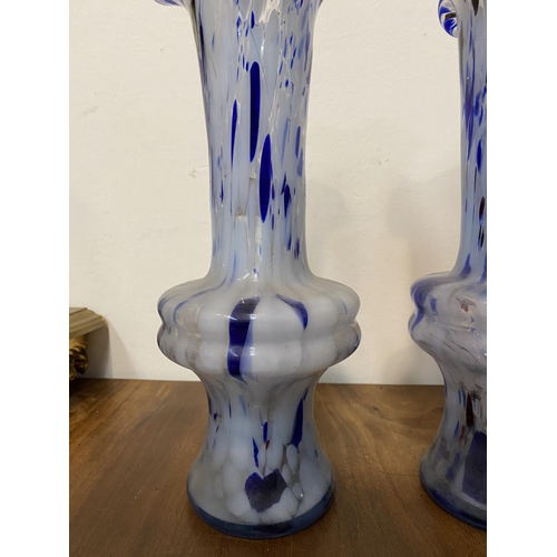 54 - A PAIR OF VINTAGE MONART STYLE GLASS VASES, c.1940, glass with deep blue mottles running through, wi... 