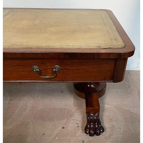 7 - A VERY FINE WILLIAM IV ROSEWOOD LEATHER TOPPED COFFEE TABLE / LOW RISE WRITING TABLE, to the front s... 