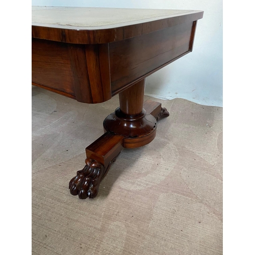 7 - A VERY FINE WILLIAM IV ROSEWOOD LEATHER TOPPED COFFEE TABLE / LOW RISE WRITING TABLE, to the front s... 