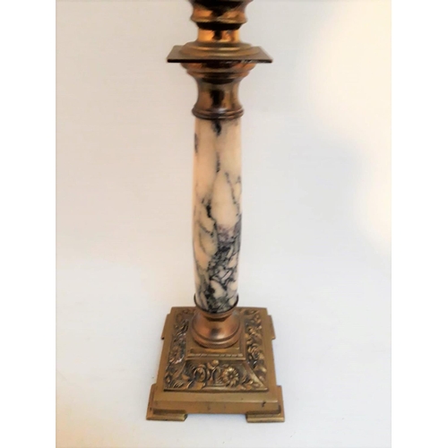 76 - A LARGE VICTORIAN OIL LAMP, with clear glass chimney & reservoir, the column base with stone body, t... 