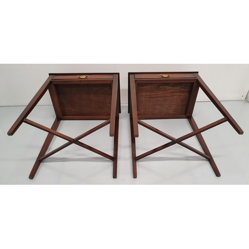 8 - A FINE PAIR OF HANDMADE SOLID MAHOGANY SIDE TABLES / LAMP TABLES, each with a raised three quarter g... 