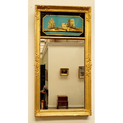 90 - AN ANTIQUE GILT PIER WALL MIRROR, 	with reverse painted picture panel to the top; showing a cottage ... 