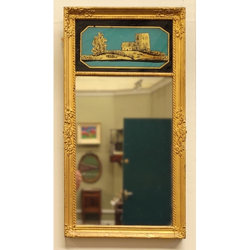 90 - AN ANTIQUE GILT PIER WALL MIRROR, 	with reverse painted picture panel to the top; showing a cottage ... 