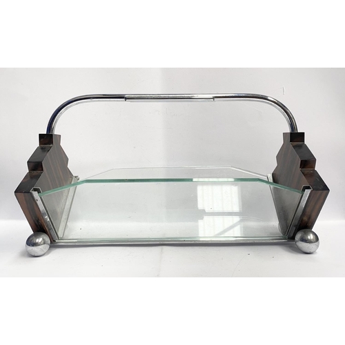 92 - A UNIQUE ART DECO HARDWOOD INLAID GLASS FRUIT TROUGH/CENTREPIECE, angular shape with art deco inlay ... 