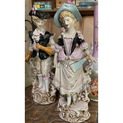 100 - A PAIR OF VINTAGE FRENCH STYLE PORCELAIN FIGURINES, hand painted female figurine holding blue hand f... 