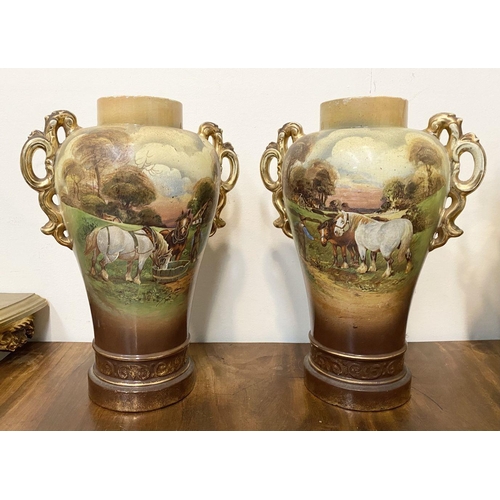 102 - A PAIR OF VINTAGE PAINTED PORCELAIN VASES, finely decorated with painted figural countryside scene w... 