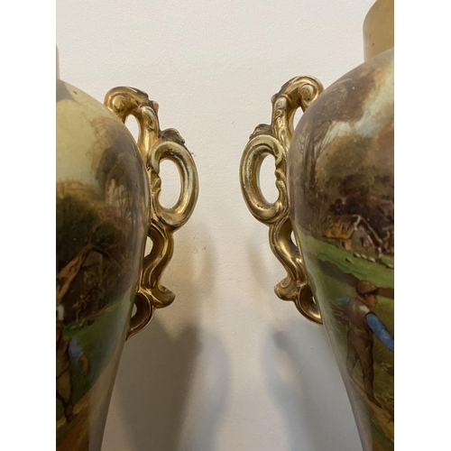 102 - A PAIR OF VINTAGE PAINTED PORCELAIN VASES, finely decorated with painted figural countryside scene w... 