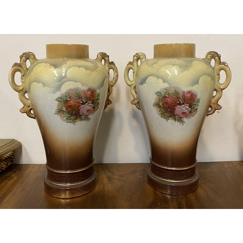 102 - A PAIR OF VINTAGE PAINTED PORCELAIN VASES, finely decorated with painted figural countryside scene w... 