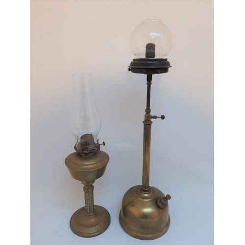 104 - A VINTAGE BRASS OIL LAMP & BRASS TILLEY LAMP, oil lamp complete with glass chimney. Dimensions: oil ... 